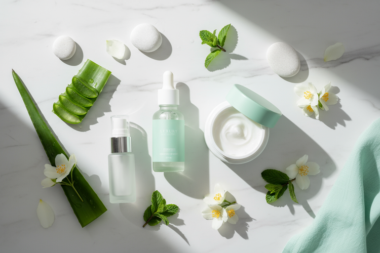 A soft, minimal skincare flat lay with pastel mint and white tones, featuring elegant beauty and wellness products like glass serum bottles, moisturizer jars, and natural ingredients such as aloe vera, mint leaves, and white flowers. Bright natural lighting, clean composition, luxury spa-inspired aesthetic, photographed from above. Add subtle shadows and a fresh, calming atmosphere that matches a modern beauty brand.